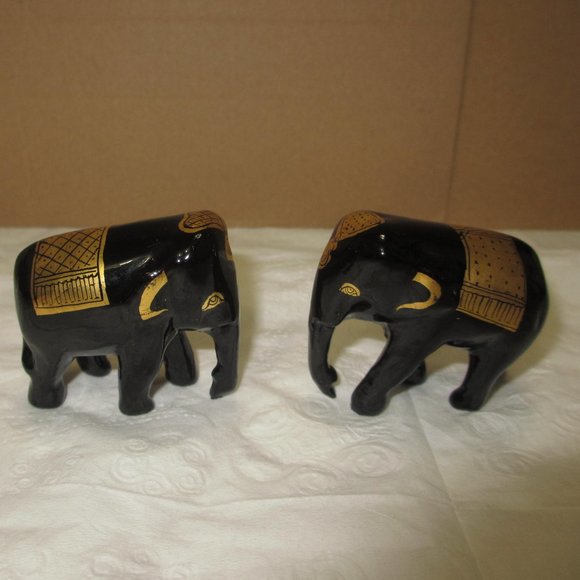 Elephants statuettes figurines Set 2 pc Lot Vintage Gilded Black and Gold - Picture 2 of 13